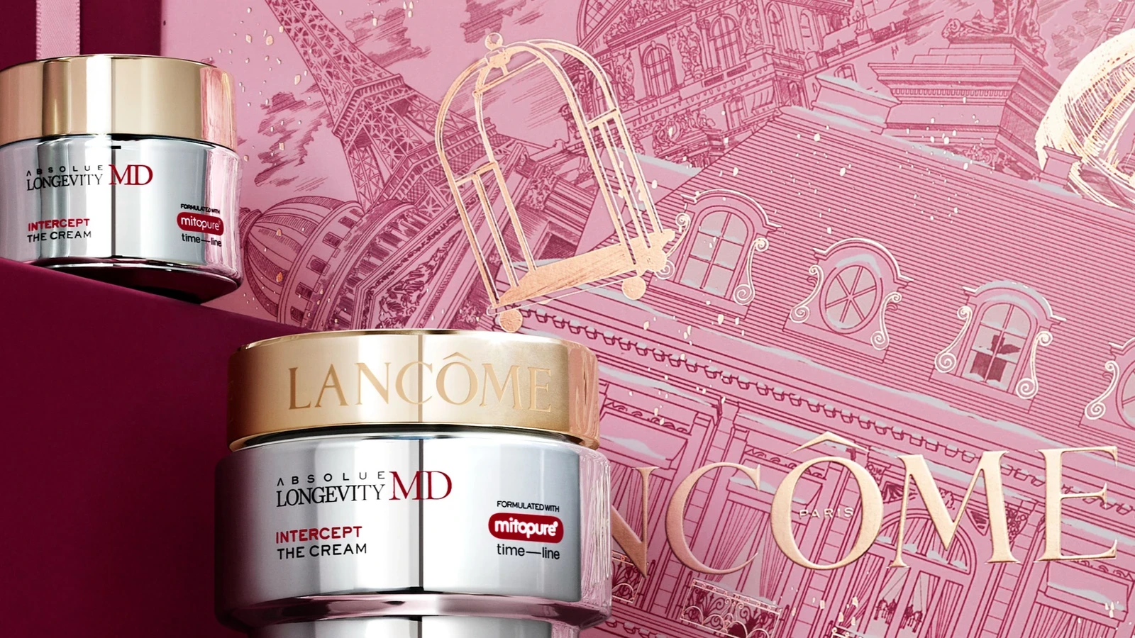 Lancôme Absolue Longevity MD skincare photographed with its branded gift packaging