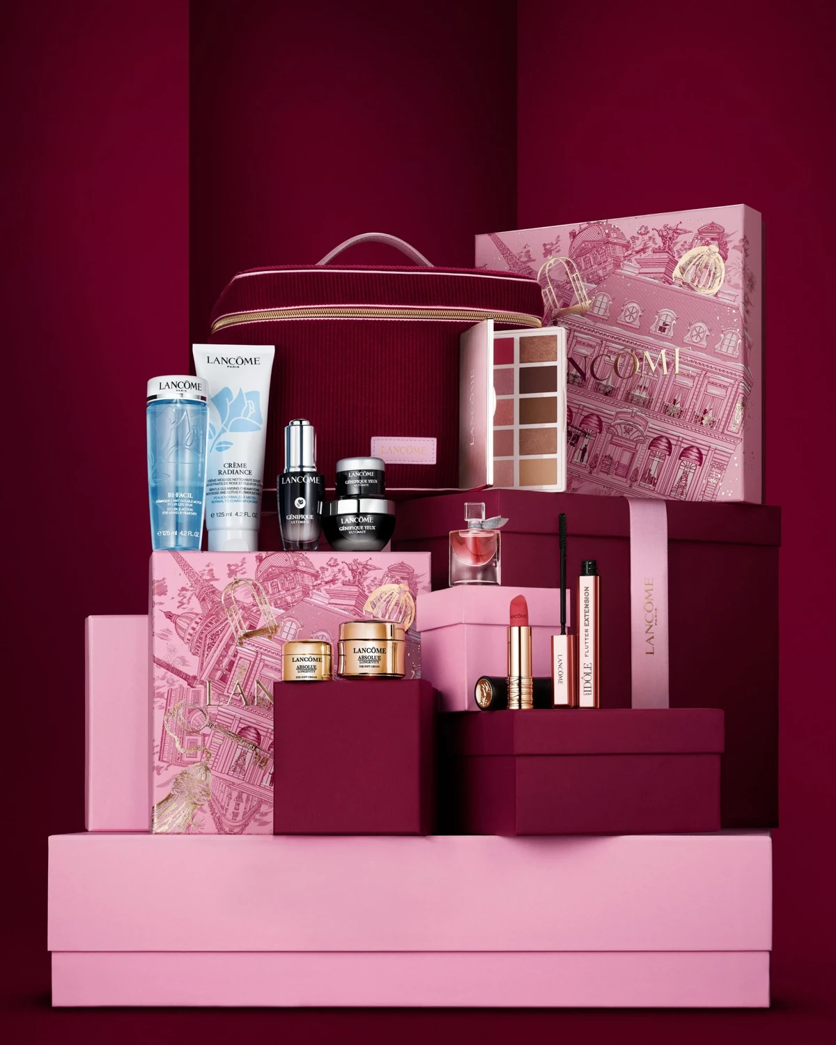 Lancôme beauty box with skincare and makeup in the original branded packaging