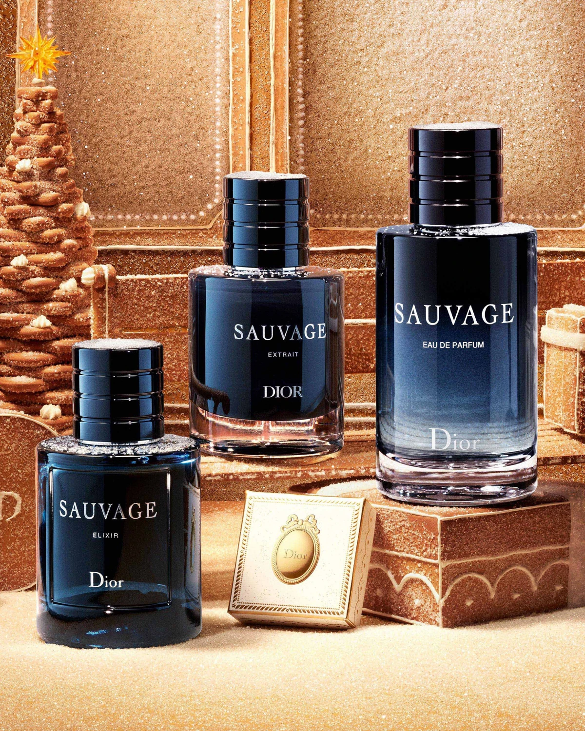 Dior Sauvage fragrance range in a gold holiday setting